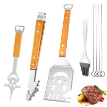 BBQ Grill Tools Set, Stainless Steel Barbecue Utensils Kit with Spatula, Fork & Tongs, Wooden Handles for Outdoor Cooking & Camping