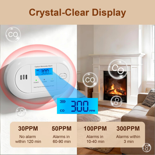 FUMIXTEX Carbon Monoxide Detector with LCD Display,CO Alarms Replaceable Battery 2