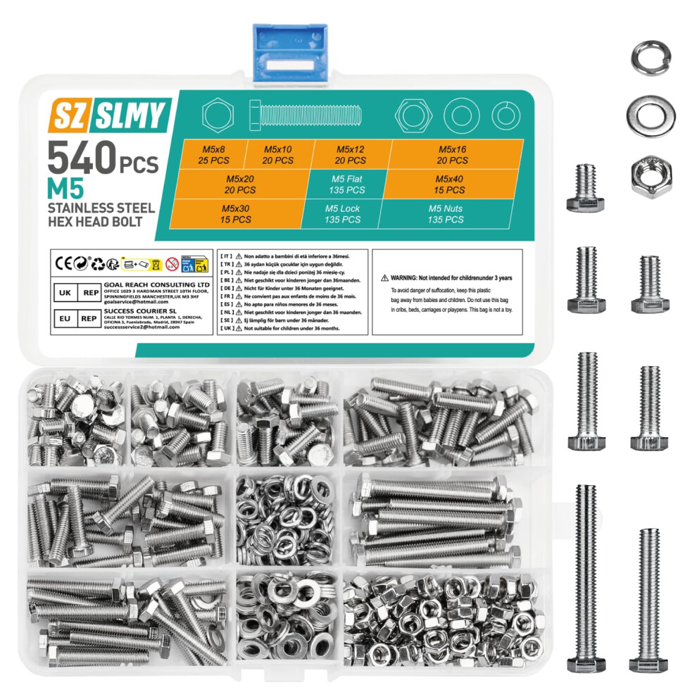 540 Pcs M5 Bolts And Nuts Set, Flat Hex, Hex Sets, Outer Hexagon Machine Screws And Nuts And Flat Washers & Lock Washers, Bike Bolts 5006298456524