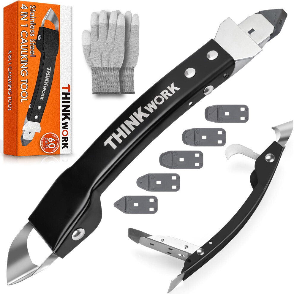 Thinkwork Caulking Tool, Stainless Steel Sealant Finishing Tool, Caulk Remover With Pads, Smoothing Remover Kit For Silicone Joints Diy Sealer (Black 5009244130080