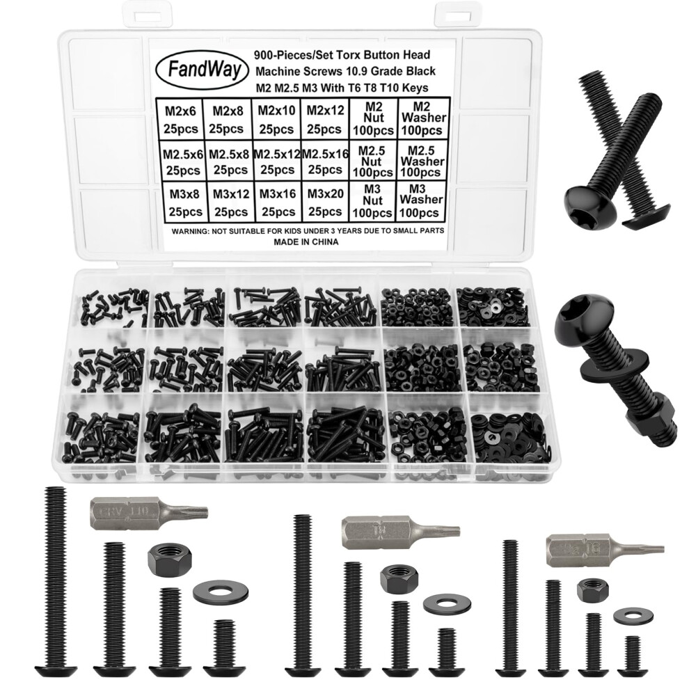 Fandway 900Pcs Bolts And Nuts Set,M2 M2.5 M3 Torx Button Head Machine Screws,Pan Head Torx Screws,10.9 Grade Alloy Steel Black Bolts And Washers Set 5001405619267