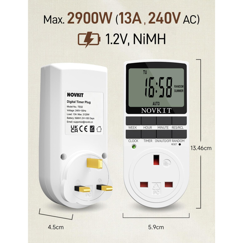 2 x NOVKIT Digital Security Timer Plug Socket Programmable Switch Time