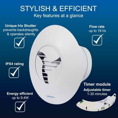 Airflow iCON 15 Extractor Fan with Timer Module – Patented Iris Shutter, Auto-Opens & Closes, Quiet 28.8dB, 19 l/s, 100mm, 1–30 Min Adjustable Tim 1