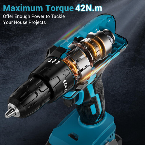 Cordless Drill Set 21V Cordless Hammer Drill with 2 Batteries 2000mAh 2
