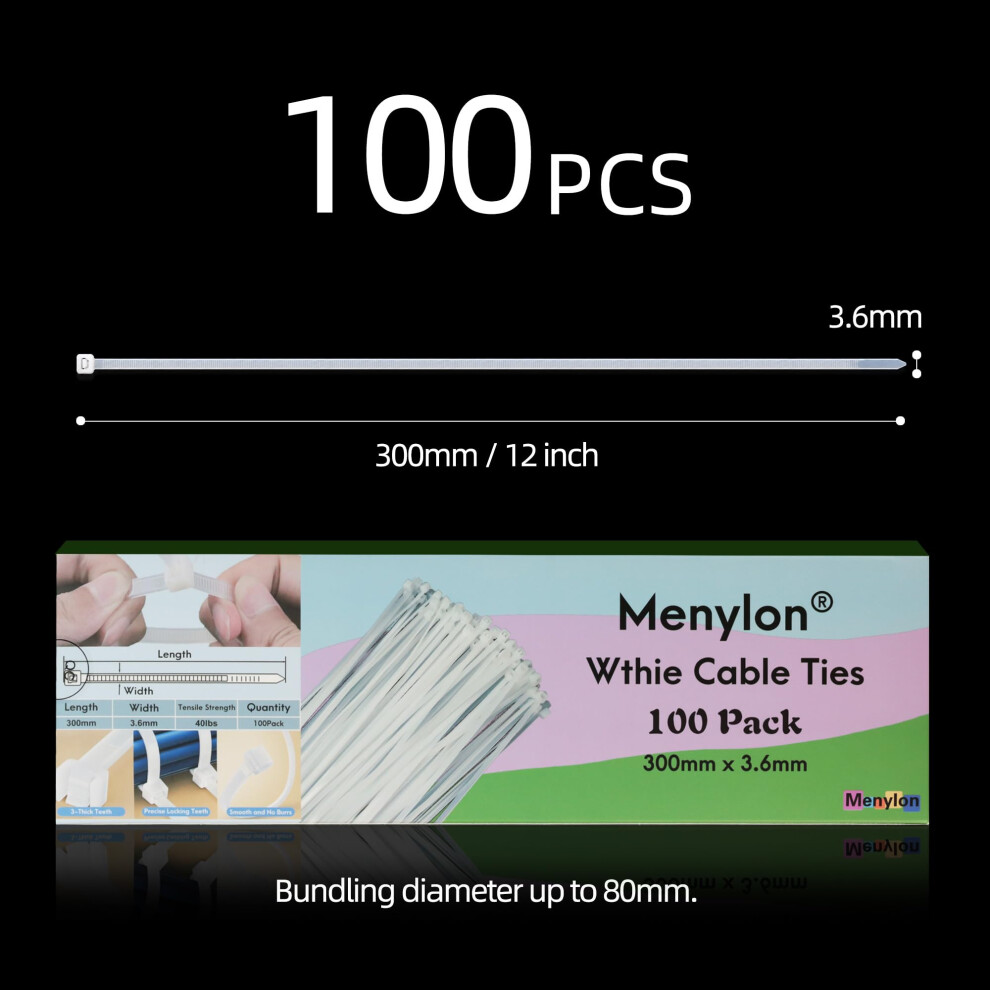 Menylon White Cable Ties 300Mm X 3.6Mm, Pack Of 100, Multi-Purpose Plastic Tie Wraps, Secure Self-Locking Mechanism, 12" Premium Tie Wraps For Garden 5009692487781