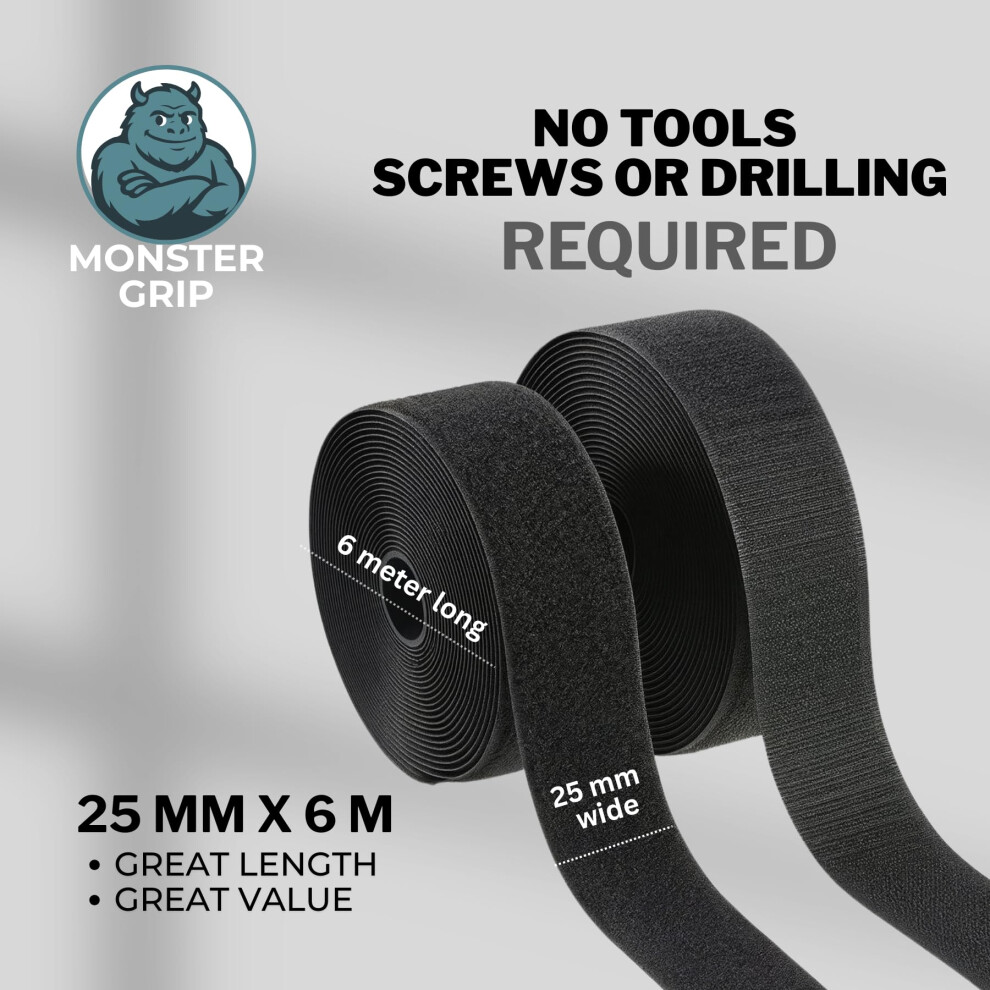 Monster Grip Hook And Loop Tape, 25Mm X 6M, Cut To Length, Extra Strong Hold, Self Adhesive Hook And Loop Tape, Multi-Purpose (Black) 5005055979306