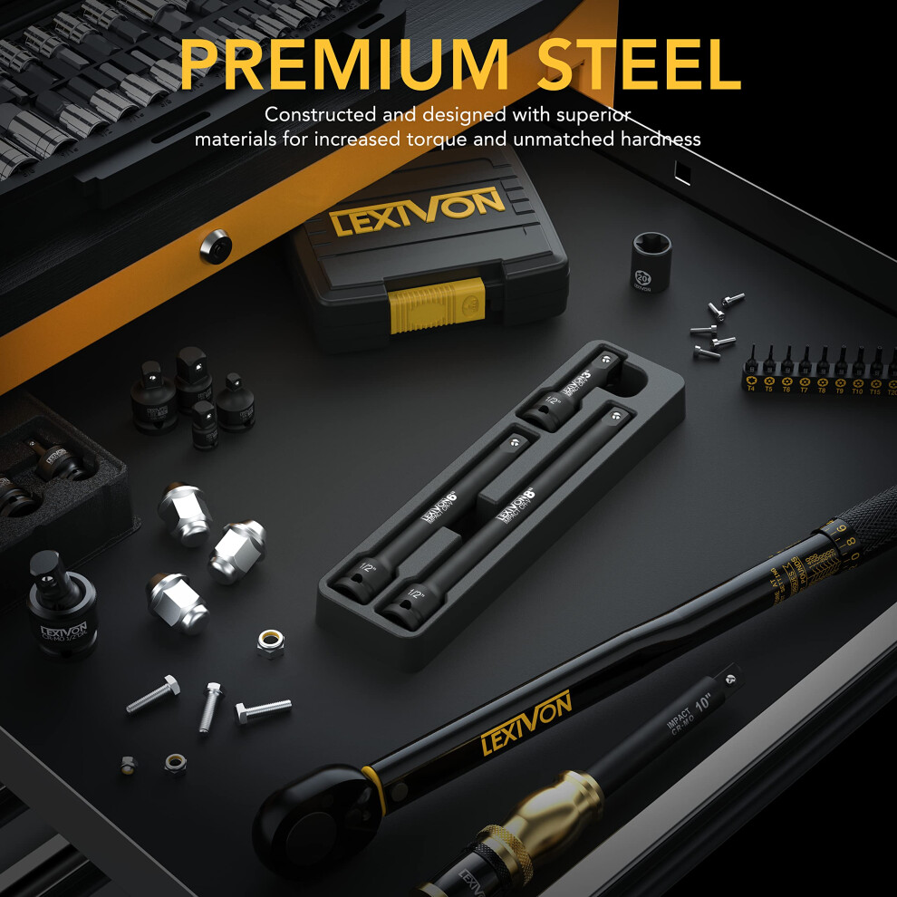 Lexivon Impact Driver Extension Bar Set, 1/2" Drive | Hardened And Heat Treated Chrome Vanadium Steel | 3-Piece Set 3, 6, And 8 Inch Long (Lx-115) 5002666372687
