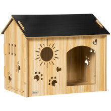 Caseta de madera para perros de interior con ventilación, color roble y negro.