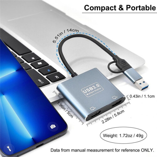 USB 3.0 or USB C to -Compatible Adapter for Dual Monitors, Universal Video  Adapter for  and Windows 2