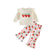 (6-12 Months, Apricot) Toddler Baby Girls Fall Outfit Fashion Strawberry Daisy Embroidery Long Sleeve Sweatshirt with Flared Pants 2Pcs Set