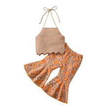 (2-3 Years, Khaki) Baby Girls Summer Outfits Summer Sleeveless Halterneck Tops and Geometric Print Casual Flared Pants Set