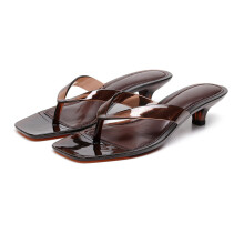 (Brown, 36) Chinelos de salto baixo femininos sandálias transparentes verão sandálias de praia stiletto transparentes
