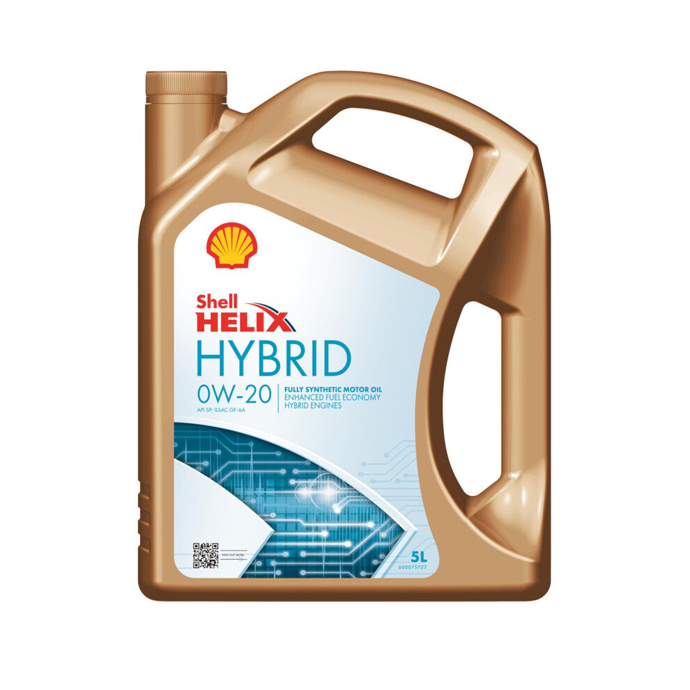 Shell Helix Hybrid, 0W-20 Fully Synthetic Motor Oil, For Hybrid Engines, 5 L, Amber