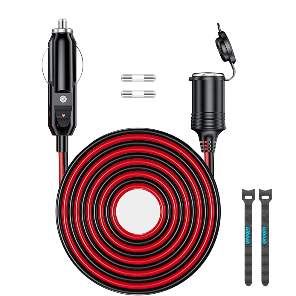 Gibbab 13Ft 12V/24V Heavy Duty Cigarette Lighter Extension Cable 16Awg, 156W/15A Male Plug To Female Socket Adapter Cord With 2 * 15A Fuse And Led Li 5004686375730