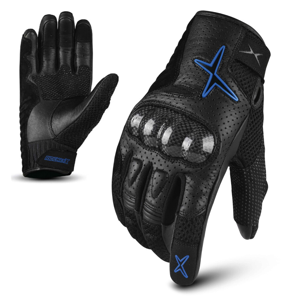 Ridemaxx Leather Motorbike Gloves Mens Summer Motorcycle Gloves Racing Gloves Leather Gloves Atv Riding Gloves Black Gloves (Racing Blue, S) Blue,Black 5007128919592