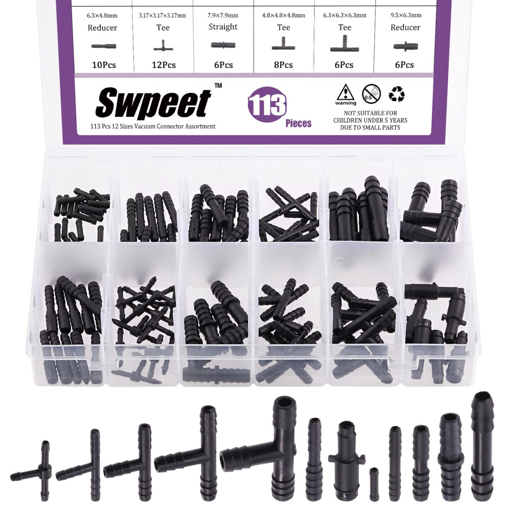 Swpeet S1831 113Pcs Barbed Vacuum Connector Assortment Kit, Including Tee And Reducer Connectors For Replacing Vacuum Hoses 5000535159520