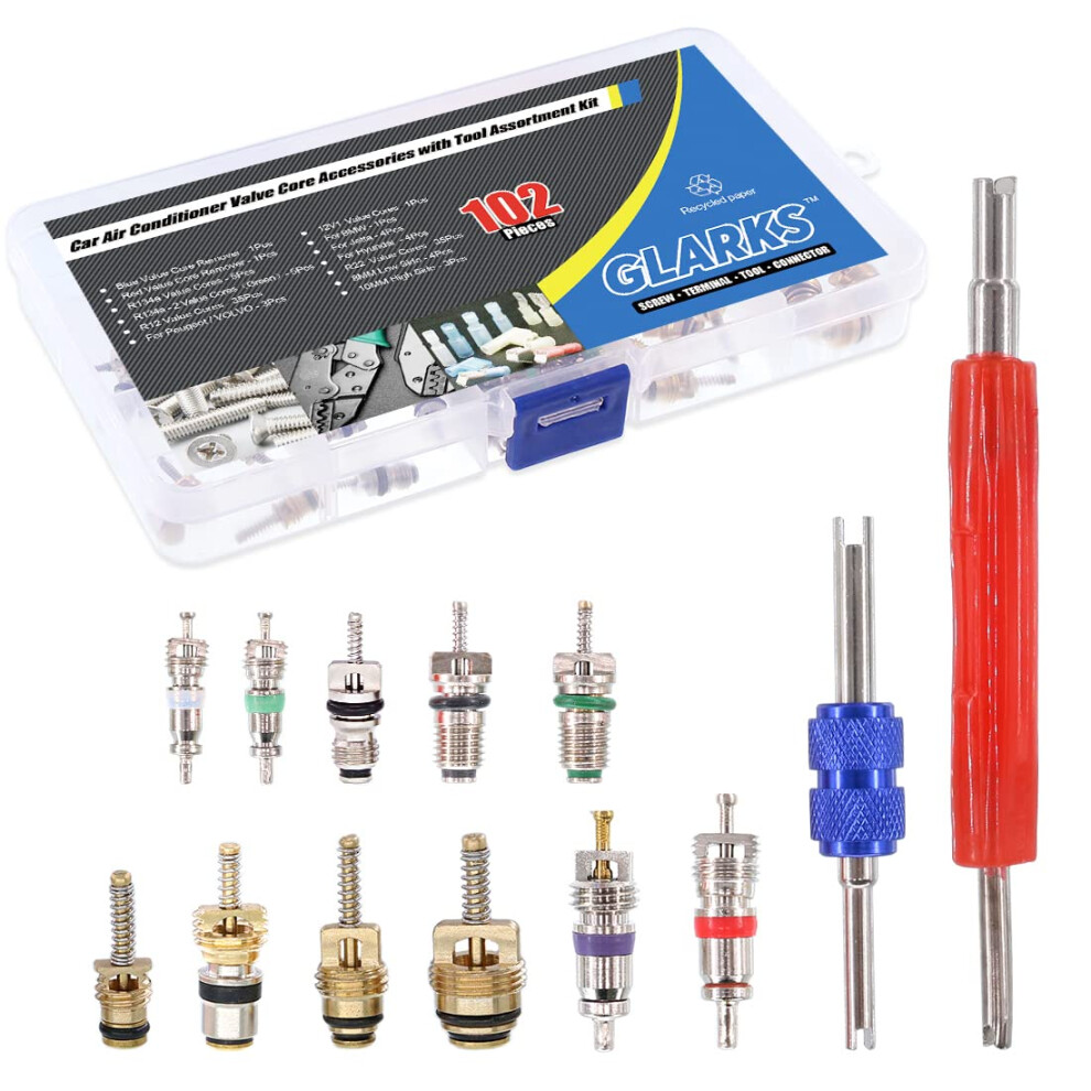 Glarks 102Pcs Car Air Conditioner Valve Core Schrader Valve Cores Accessories A/C R12 R134a Refrigeration Tire Valve Stem With Double Head Dual Disma 5001992100421