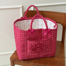 (Dragon Fruit Grid) Classic Plaid Storage Basket Stone Handle Fashion Household Organizer Clothes Sundries Bathroom Laundry Room Daily Arrangement