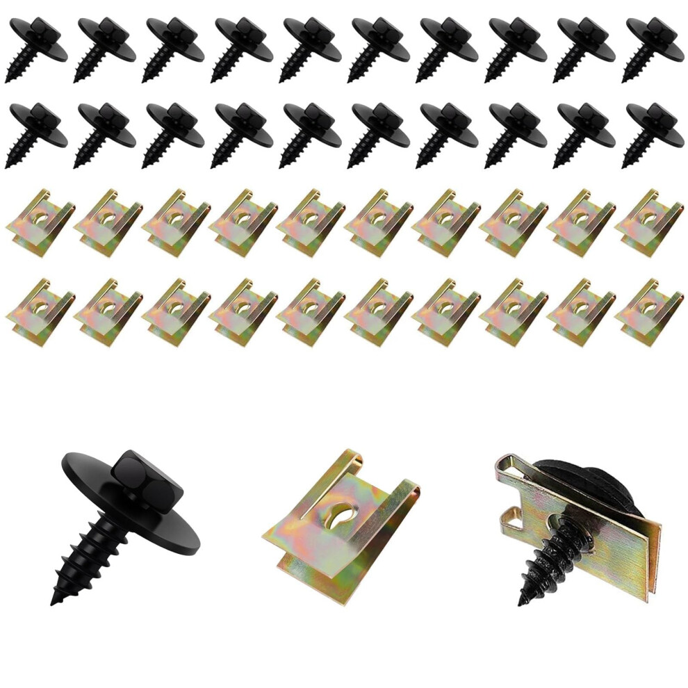 40Pcs Car Screw And Nut Clip Kit,20 Auto Body Fender Screws And 20 U-Type Metal Fastener Clips,Self-Tapping Hex Head Bolts For Bumper Guard,Wheel Arc 5006351020914