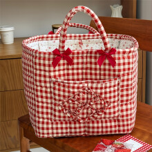 (Crimson Grid) Classic Plaid Storage Basket Stone Handle Fashion Household Organizer Clothes Sundries Bathroom Laundry Room Daily Arrangement
