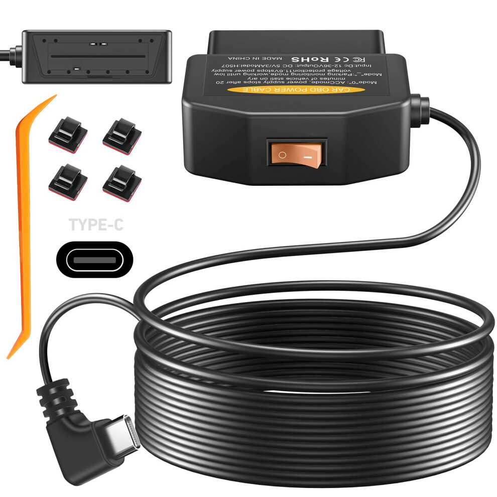 Obd2 Obd Power Cable For Dash Camera, Obd To Type-C Usb Obdii Adapter Hardwire Charger Cable 24 Hours Surveillance And Acc Two Mode With Switch Butto 5008754103287