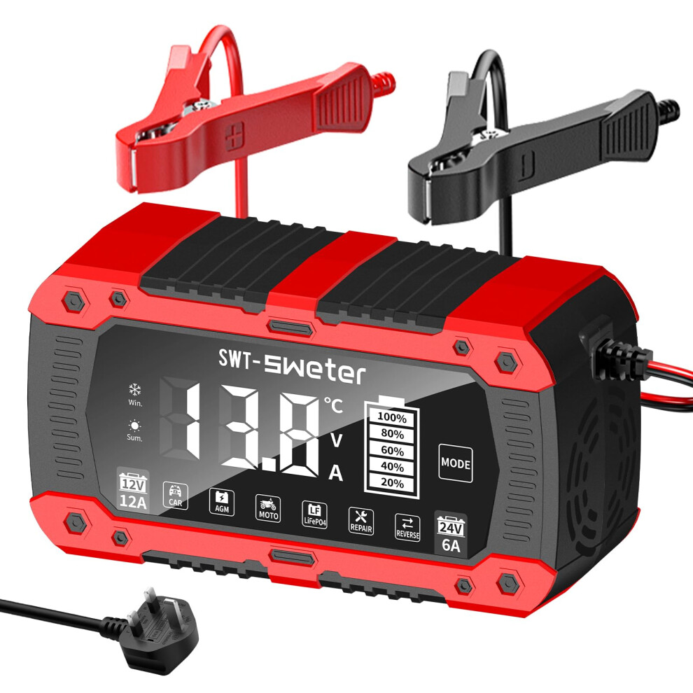 Swtsweter 12A Car Battery Charger, 12V/24V Lifepo4 Lead Acid Battery Charger, Upgraded Automobile Smart Trickle Battery Maintainer For Agm, Car Motor 5007083046371