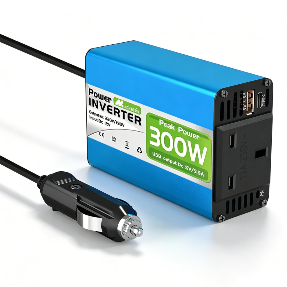 300W Car Power Inverter 12V To 230V/240V Converter, Car Charger Lighter Adapter Usb-A And Usb-C 3A Charging Ports - Aluminum Body Blue 5000670359441