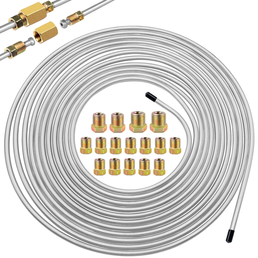 Mxuteuk 1/4Inch X 25 Ft Brake Line Tubing Kit Flexible Zinc Coated Alloy Brake Line Tubing Coil With 16 Inverted Flare Fittings Sae Standard 5004912998559