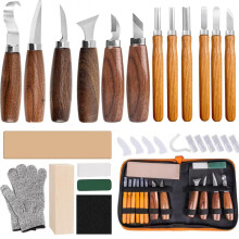 (19件套) Wood Carving Tools Set Walnut Handle Curved & Straight Carving Chisels Set for Pattern Wood Cutting & Scraping Works
