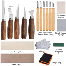 (18件套) Wood Carving Tools Set Walnut Handle Curved & Straight Carving Chisels Set for Pattern Wood Cutting & Scraping Works
