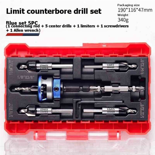 Countersunk Drill Bit Set, Countersunk Drill Bit with Depth Limiter, Hex Shank Countersunk Woodworking Drill Bit Set B 1