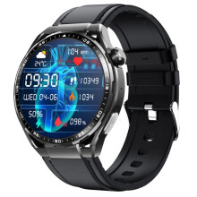 Montre connectée F200 avec ECG, glycémie et bilan lipidique, écran rond de 1,55 pouce, bracelet en cuir noir.