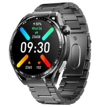 Montre connectée F200 avec ECG, glycémie et bilan lipidique, écran rond de 1,55 pouce, couleur : noir. Bracelet en acier noir à 3 grains.