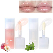 (White Peach and Water) 2pcs Hydrating Lip Glow Oil, Moisturizing Lip Oil Gloss Transparent Plumping Lip Oil Tinted For Lip Care Dry Lips