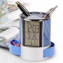 Office Desk Grid Pen Holder With Perpetual Calendar, Multifunctional Digital Led Pen Holder Storage Box (Blue) Gifts:blue