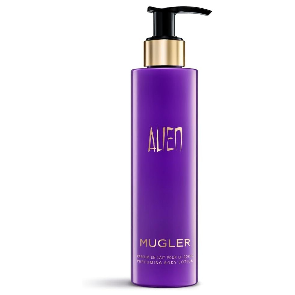 White Mugler Alien Beautifying Body Lotion For Women, Sensual Ambery Woody Floral Scent With Jasmine Sambac, Cashmeran Wood And