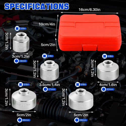 DASBET 5PCS Oil Filter Cap Wrench Socket Set 3/8" Drive Oil Filter Socket 1