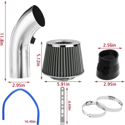 76mm Universal Car Cold Air Intake Filter Induction Kit(Silver） 2