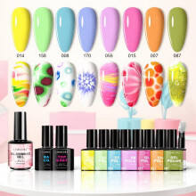 (C) 8 Color Marbling Gel Nail Polish Set, Trending Colors Soak Off Gel Nail Art Kit with No Wipe Top Coat