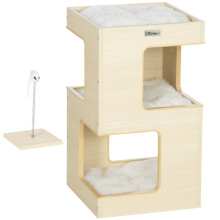 Cuccia per gatti a due livelli con giocattoli, nei colori naturale e grigio chiaro.