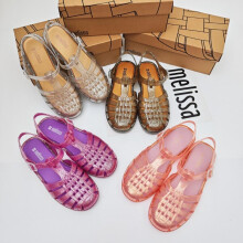 (golden, 36) Melissa Women's Jelly Sandals Roman Style Hollow Beach Shoes Crystal Shiny Retro New