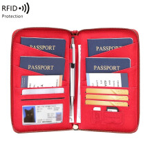 (Bright Red) Premium Rfid Shielded Passport Holder Multi Compartment Travel Wallet Large Capacity Document Organizer Business Outdoor Use