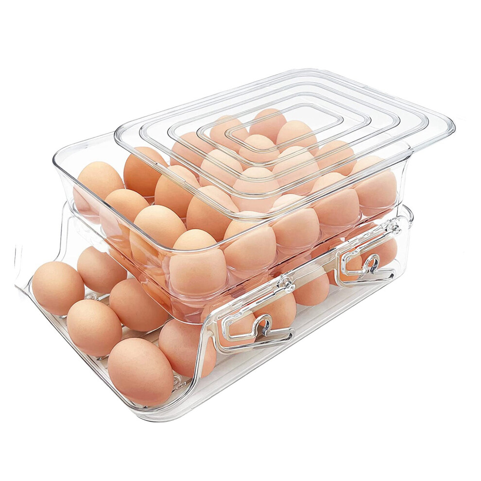 Semoic Egg Holder For Refrigerator, Capacity Egg Container For Refrigerator, Egg Storage Box With Lid & Automatic Rolling