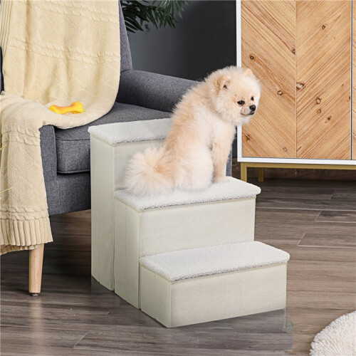 Escalier pliable pour animaux avec espace de rangement, 3 marches, blanc 1