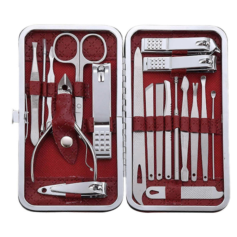 (Red) 19-in-1 Professional Manicure & Pedicure Kit, Stainless Steel Nail Clippers & Facial Grooming Tools for Women and Men
