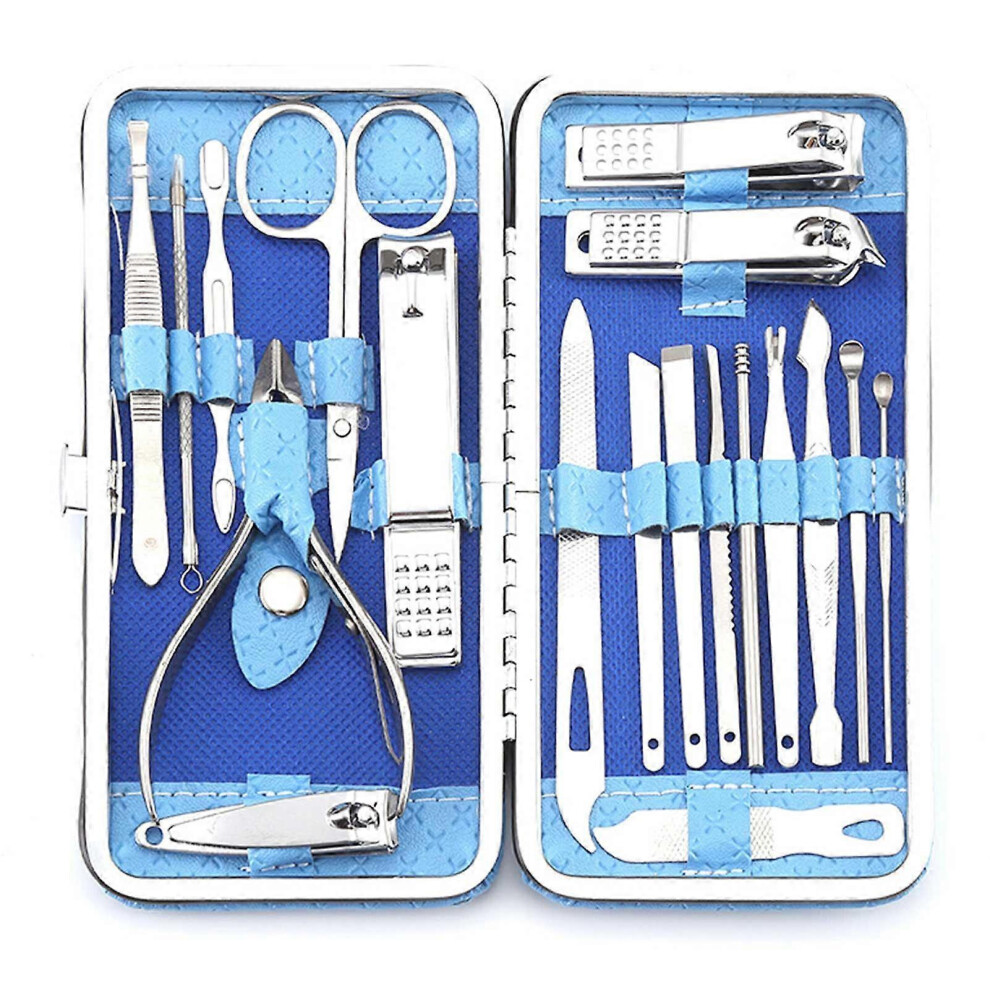 (Blue) 19-in-1 Professional Manicure & Pedicure Kit, Stainless Steel Nail Clippers & Facial Grooming Tools for Women and Men