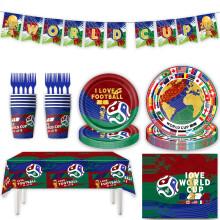 (7-piece set) Kit de fête sur le thème de la Coupe du Monde de Football 2026 : serviettes en papier, nappes, banderoles, décorations, ballons