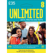 EE Unlimited Data Sim includes 35 pre-paid credit, Unlimited Data, Unlimited Minutes & Unlimited Texts