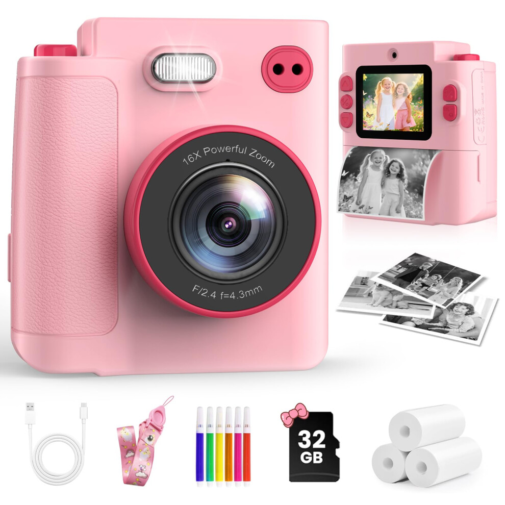 Mystiluck Kids Camera Instant Print, 1080P Instant Camera For Kids, Children Digital Cameras With 32Gb Card & 3 Rolls Photo Paper, Christmas Birthday 5001085492518