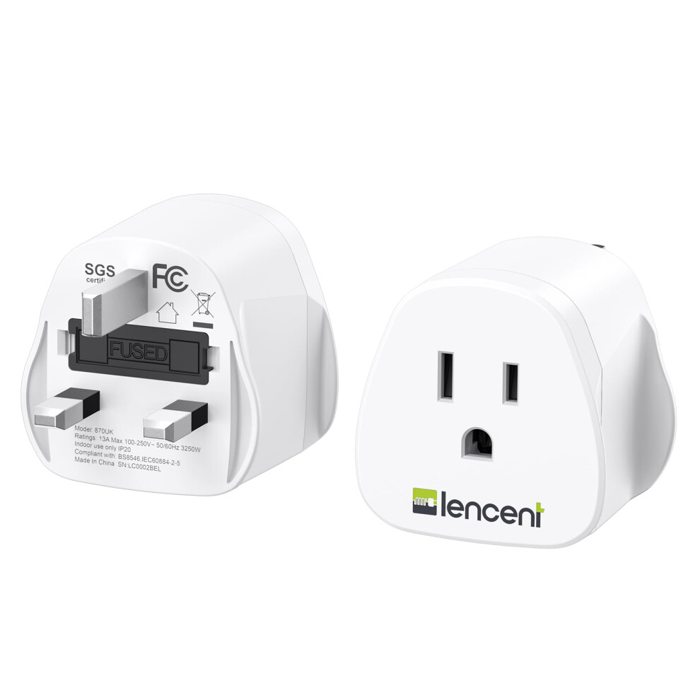 Lencent 2 Pack Us To Uk Plug Adapter, 2/3 Pin Usa To 3 Pin American Plug Adapter Usa To Uk With 13A Fuse, American, Mexico, Canada To British Travel 5003869027961